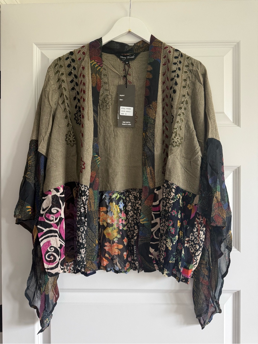 Young Threads Olive Printed Embroidered Embellished Boho Kimono NWT